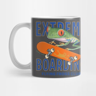 Funny and cute flying through the air riding a skateboard Red eyed tree frog having fun Mug